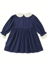 1pc Navy Blue Cute Rabbit Embroidery Sweet Ruffle Collar Girls Long Sleeve Dress, Princess Style